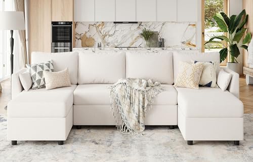 Huatean Home 114.17' Modular Sectional Sofa, 6 Seat Modular Couch with Storage, Memory Foam, Convertible Sectional Couches for Living Room, U Shaped Comfy Modular Sofa with Chaise, Beige