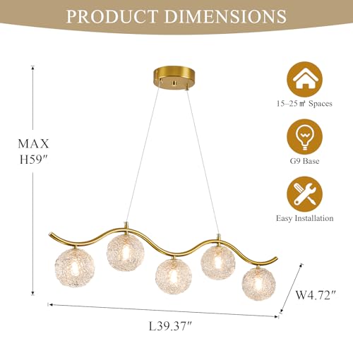 Image of Modern Linear Globe Chandelier Gold 5-Lights Mid Century Linear Chandelier for Dining Room Clear Glass Globe Light Fixture for Kitchen Island Living Room