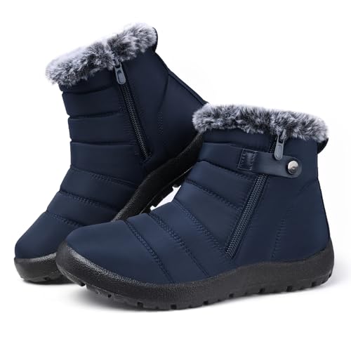 SHIBEVER Women Winter Snow Boots: Womans Winter Waterproof Cold Weather Booties Blue Size 7 Outdoor Walking Low Boot
