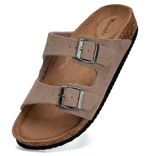 Torotto Mens Slides with Cork Footbed Open Toe Adjustable Webbing Flat Sandals for Walking | Beach | Indoor(Microfiber/ApricotRE-43)