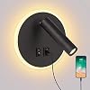 ERWEY Applique murale LED 9W Lampe de lecture de chevet Lampe de lit Fixation murale Spot réglable (3W 4000K + 6W 3000K) avec port de charge USB (rond, noir)