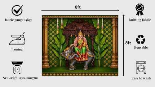 Image of varalakshmi Pooja Backdrop Decoration | Varalakshmi Vratam Background with Hanging Temple Bells, Golden Pillars and Banana Trees 8x8 Feet | Lakshmi Pooja Background