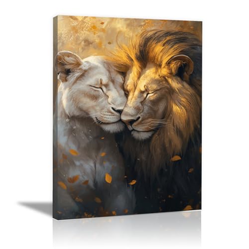 Posters enmarcados de pareja de leones oro 20x30cm para decoración