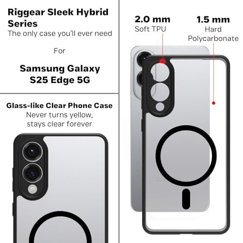 Image of RIGGEAR Shockproof Sleek Hybrid Armor Magnetic Back Cover Case Compatible with MagSafe Accessories for Samsung Galaxy S25 Edge (Clear PC with Black TPU Bumper)