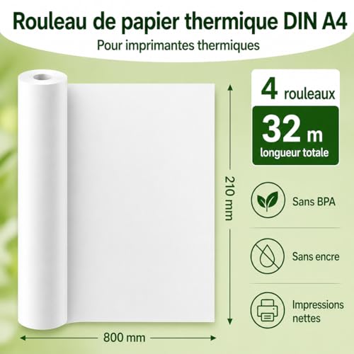 Ablemark Thermopapier A4, 4 Rollen à 8 m, BPA-frei, für mobile Drucker – vue 2