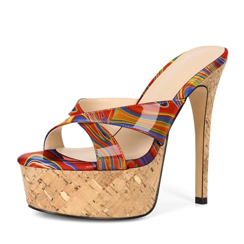Image of Esvowido Heeled Mules for Women Cork Platform Stiletto Heels Slip on Open Toe High Heeled Sandals Crisscross Slippers Pumps Shoes