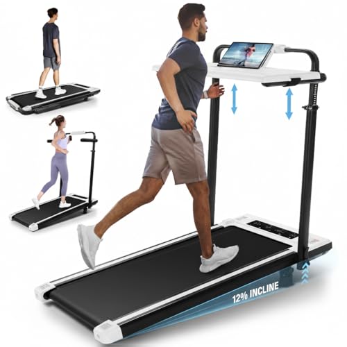 Image of Walking Pad Treadmill Adjustable Height, Under Desk Treadmills with Handle Bar and Incline, 300lbs Capacity Foldable Treadmill with Removable Desk Workstation, Installation-Free(Classic White)