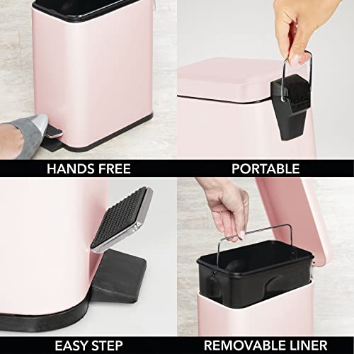 mDesign Small Modern 1.3 Gallon Rectangle Metal Lidded Step Trash Can, Compact Garbage Bin with Removable Liner Bucket and Handle for Bathroom, Kitchen, Craft Room, Office, Garage - Light Pink by mDesign - Image 6