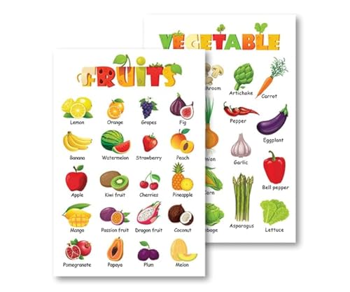 Pack 2 Fruits and Vegetables Poster Wooden Hanger Framed,Educational Preschool Wall Art for Toddlers and Kids, Great for Nursery Homeschool, Classroom, School Wall Decor (16x24 Inch Unframed)