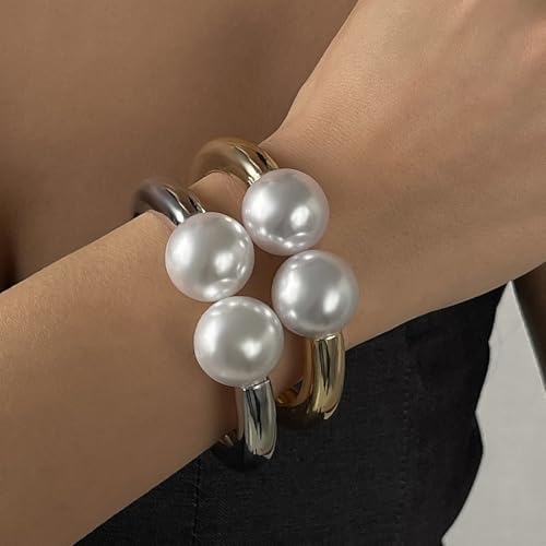MIFYNN Chunky Gold Pearl Bangle Bracelet for Women Trendy Golded Plated Cuff Bangle Open Wide Bracelet Statement Bracelets Jewelry for Women3