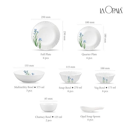 Image of La Opala Opal Glass Crockery | for Family of 6 | Dinner Set 35 pcs Blue Florets | Plates & Bowls for Dining | Microwave Safe | 100% Vegetarian | Extra Strong | Extra Light & White