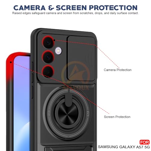 Image of Samsung Galaxy A57 5G Back Cover | Armor Camera Slider 360 Degree Rotating Finger Ring Holder Case with Bracket Stand Back Case Cover (Compatible with MagSafe Accessories) (Black)