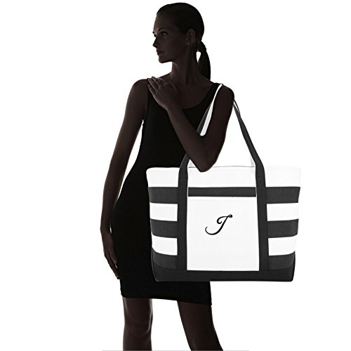 Dalix Striped Beach Bag Tote Bags Satchel Personalized Black Ballent Letter J #TOP6
