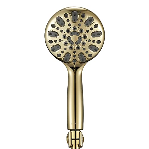 Couradric Handheld Shower Head, 6 Spray Setting High Pressure Shower Head With Brass Swivel Ball Bracket And Extra Long Stainless Steel Hose, Polished Brass, 5" #TOP2