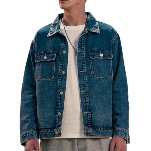 Men's Denim Jacket,Classic Crewneck Cowboy Jacket for Men,Spring and Autumn Vintage Workwear Denim Shirt