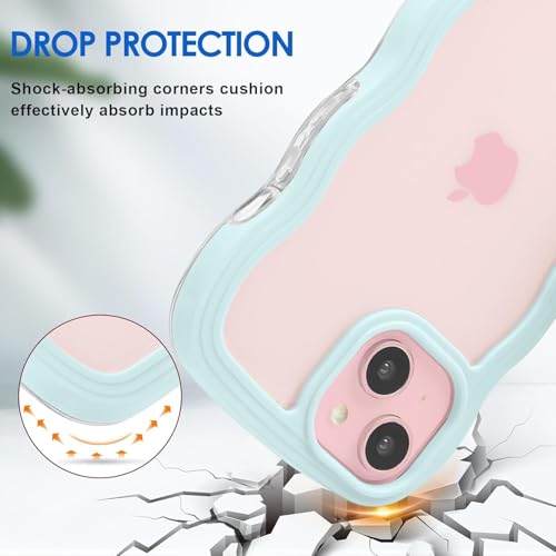 Image of GoldKart iPhone 15 Plus Case Wavy Edge Clear Back Design, Anti-Slip Grip Cute Wave Curly Frame Shape Shockproof Soft TPU & Hard PC Bumper Protective Phone Case Cover for Women Girls - Light Blue