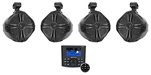 Rockville RGHR45 4 Zone Marine Gauge Hole Receiver Bluetooth/Radio/Wired Remote Bundle with (4) Rockville RWB90B Black 8