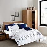 Karen 3 Pieces White Duvet Cover Set Navy Blue Stripe Trim 100% Egyptian Cotton 300 Thread Count Soft Sateen Hotel Collection Zipper Closure Corner Ties(White Navy,King)