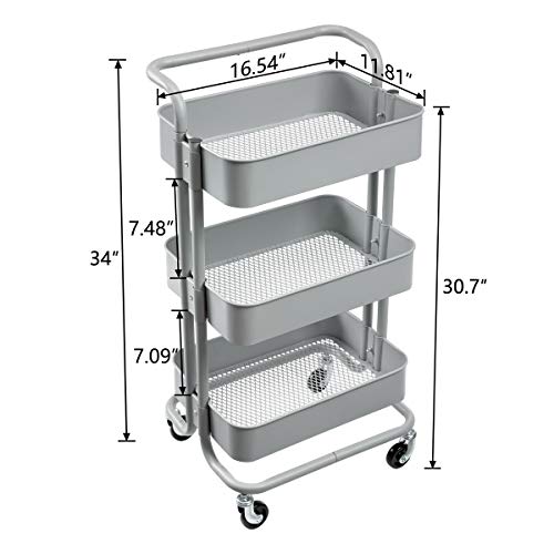 image for HollyHOME 3-Tier Metal Utility Service Cart Rolling Storage Shelves wi