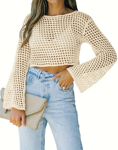 Womens Crochet Crop Top Long Sleeve See Through Hollow Out Mesh Knitted Beach Bikini Cover Ups