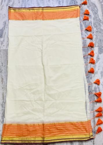 Image of Women's Mul Cotton Saree with Tassels | Soft Mulmul Saree | Woven Stripes & Zari Line | 5.5 Metres - Without Blouse