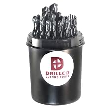 Drillco 400E Series 29 Piece High-Speed Steel Heavy-Duty Jobber Drill Bit Set Black and Gold Oxide Finish Round Shank Spiral Flute 135 Degrees Split Point Drill Pal 1/16-1/2 in 1/64 increments