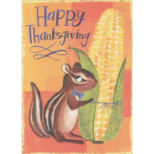 Designer Greetings Chipmunk in Blue Bow Tie Holding Corncob Thanksgiving Card for Young Boy