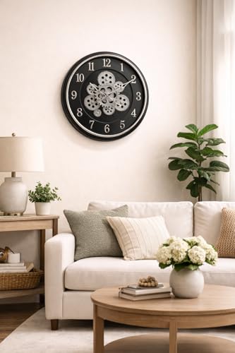 Image of Large Size 35 cms Rotating Moving Gears Wall Clock Industrial Steampunk Real Moving Gear Designer Wall Clock for Living Room Home Decor Office Wooden Look Plastic Round 14 Inch (Grey) (Black Silver)