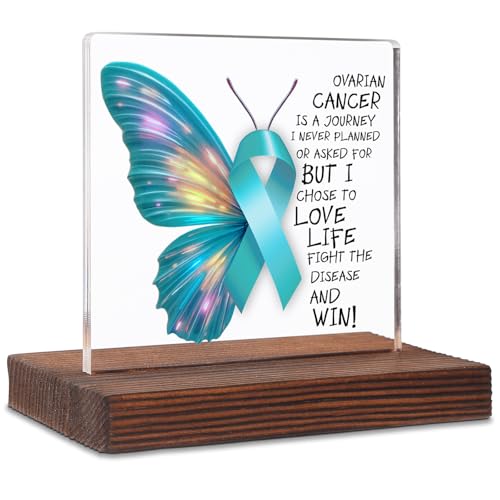 Ovarian Cancer Awareness Gift Teal Ribbon Butterfly Desk Sign Inspirational Decor for Warriors and Survivors Support Life Fight Win Acrylic Plaque for Women SKI364