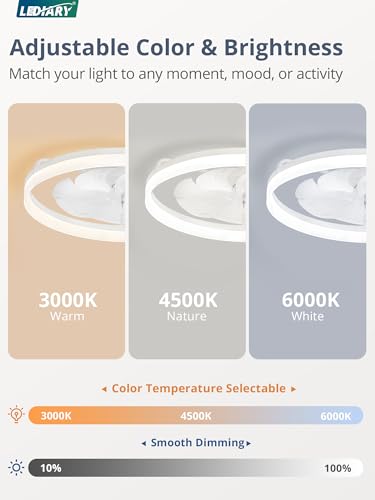 Image of LEDIARY Ceiling Fans with Lights, 23 inch Low Profile Flush Mount Ceiling Fan, Dimmable LED, APP & Remote Control, Quiet Reversible DC Motor, 6 Speeds, Fandelier for Bedroom, White