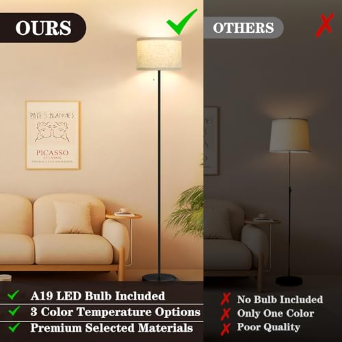 Floor Lamp for Bedroom with LED Bulb, Modern Standing Lamps for Living Room, 3 Color Temperature Simple Design Tall Lamps with Pull Chain Switch, Black Pole Lamp with Drum Lampshade for Office Reading