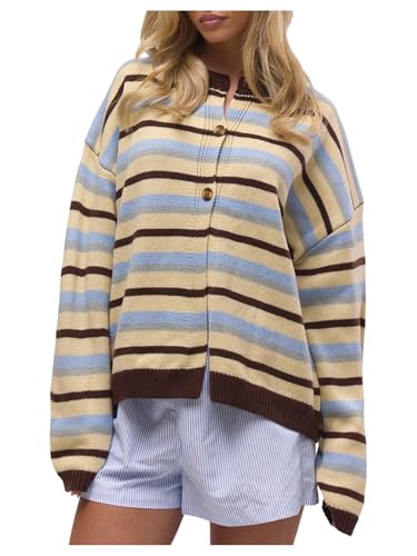 SOLY HUX Women's Y2K Striped Colorful Cute Oversized Fall Cardigan Sweater