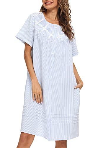 Aviier House Dress Women Short Sleeve Duster House Coat Robe Button Down Sleepwear (Xl, Light Blue) #TOP28
