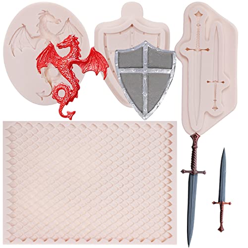 Dragon Silicone Molds 4 Pcs, Dragon Skin Dragon Shield Sword Chocolate Fondant Mold for Cake Decoration Cupcake Topper Cake Resin Polymer Clay Crafts Candy Sugar by ywzbomoldrm - Used condition - US$11.83