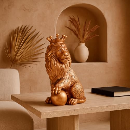 Image of Xtore Golden Lion Statue with Crown | Resin Home Decor Figurine | Luxury Animal Decor | Elegant Ornament for Living Room, Office, or Shelf | Regal Art Piece - Golden
