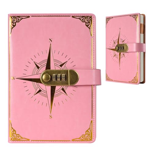 koboome Diary with Lock for Girls and Women, 220 Pages Secret Lockable Journal, A5 Locking Journal Pu Leather Refillable Writing Notebook with Lock (Pink flower AA)