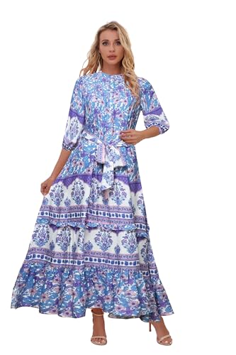 Image of Women Boho High-Waist Floral Print Maxi Dress 3 /4 Sleeve Casual | Soft Rayon, Breathable, Quick-Dry. High-Waist with Adjustable Belt, Flattering Hem. Ideal for Beach, Work & Dating.