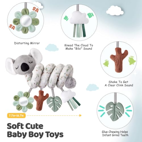 Image of Stuffed Aesthetic Koala Spiral Car Seat Toys for Babies, Gender Neutral Infant Stroller Toy with Teether Hanging, Baby Registry Search Must Haves 0-6 Months