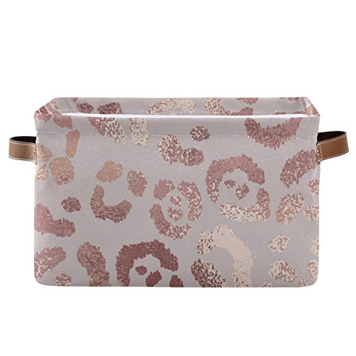 susiyo Large Foldable Storage Bin Leopard Skin Rose Gold Fabric Storage Baskets Collapsible Decorative Baskets Organizing Basket Bin with PU Handles for Shelves Home Closet Bedroom Living Room-1Pack