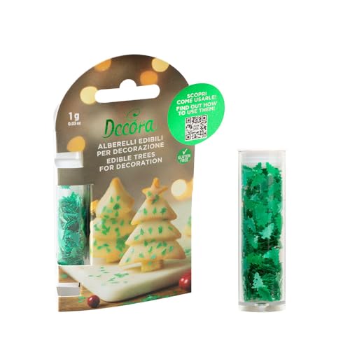 Decora, 2090206, Confezione da 1 g di alberelli edibili, Colore verde metallizzato, Ideali per decorare facilmente dolcetti natalizi