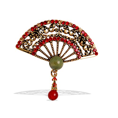 Image of Pearl Fan Brooch Chinese Fan Brooch Rhinestone Pearl Brooch for Women Lady Girl