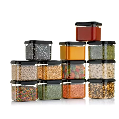 Image of 500ml Square Container Set of 12 | Black Plastic Kitchen Storage Boxes | Airtight Food Containers for Home, Pantry, Snacks, Grains, Spices | Durable & Space Saving Organiser