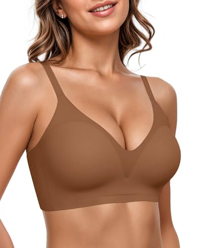 Vertvie Women Wireless Bras with Support Lift Full Coverage Push Up Plus Size Sport Bra Seamless Molded Cup Padded Tshirt Bra(Coffee,36C)