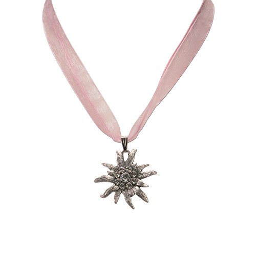 Bavarian organza necklace with rhinestone Edelweiss, Ladies costume jewelry, traditional german pendant necklace for Dirndl, Leather trouser, Oktoberfest (light pink)2