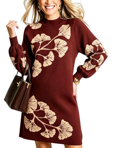 Image of Omoone Womens Floral Sweater Dress Mock Neck Knit Mini Dress (Red-L)