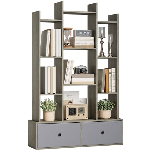 HOMCOM Tree Bookshelf, 12-Tier Floor Standing Bookcase with 2 Foldable Drawers, Freestanding Book Shelf Storage Display Shelving Unit for Living Room, Home Office, Bedroom, Graphite Wood Effect