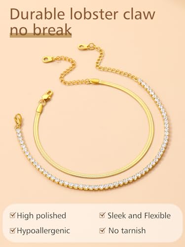 Image of FindChic Black /Silver /Gold Plated Anklets Set of 2PCS /3PCS Herringbone Chain Cuban Link Heart Charm Sparkling Tennis Ankle Bracelets, Waterproof Summer Foot Jewelry for Beach