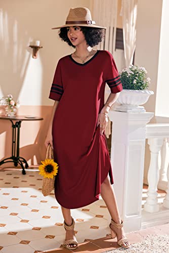 Ekouaer Womens, Sleepwear, Soft Long Nightgown Nightshirt, Loungewear, Short Sleeve Pajama House Dress, V Neck Sleep Shirts, Wine Red, Small #TOP1