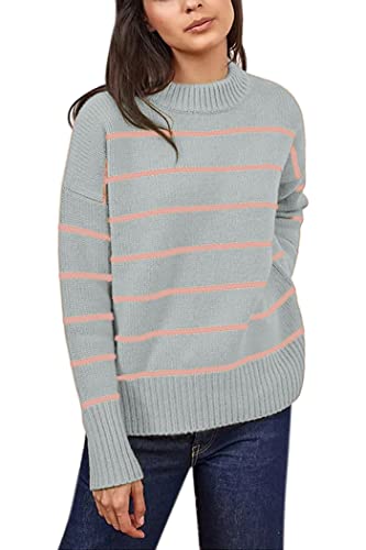 Image of Women's Sweaters Casual Long Sleeve Mock Neck Drop Shoulder Tunic Striped Pullover Knit Sweater Tops