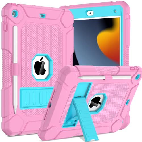 Coque iPad 10.2 antichoc rose et turquoise pour iPad 9 / 8 / 7e génération avec porte-crayon